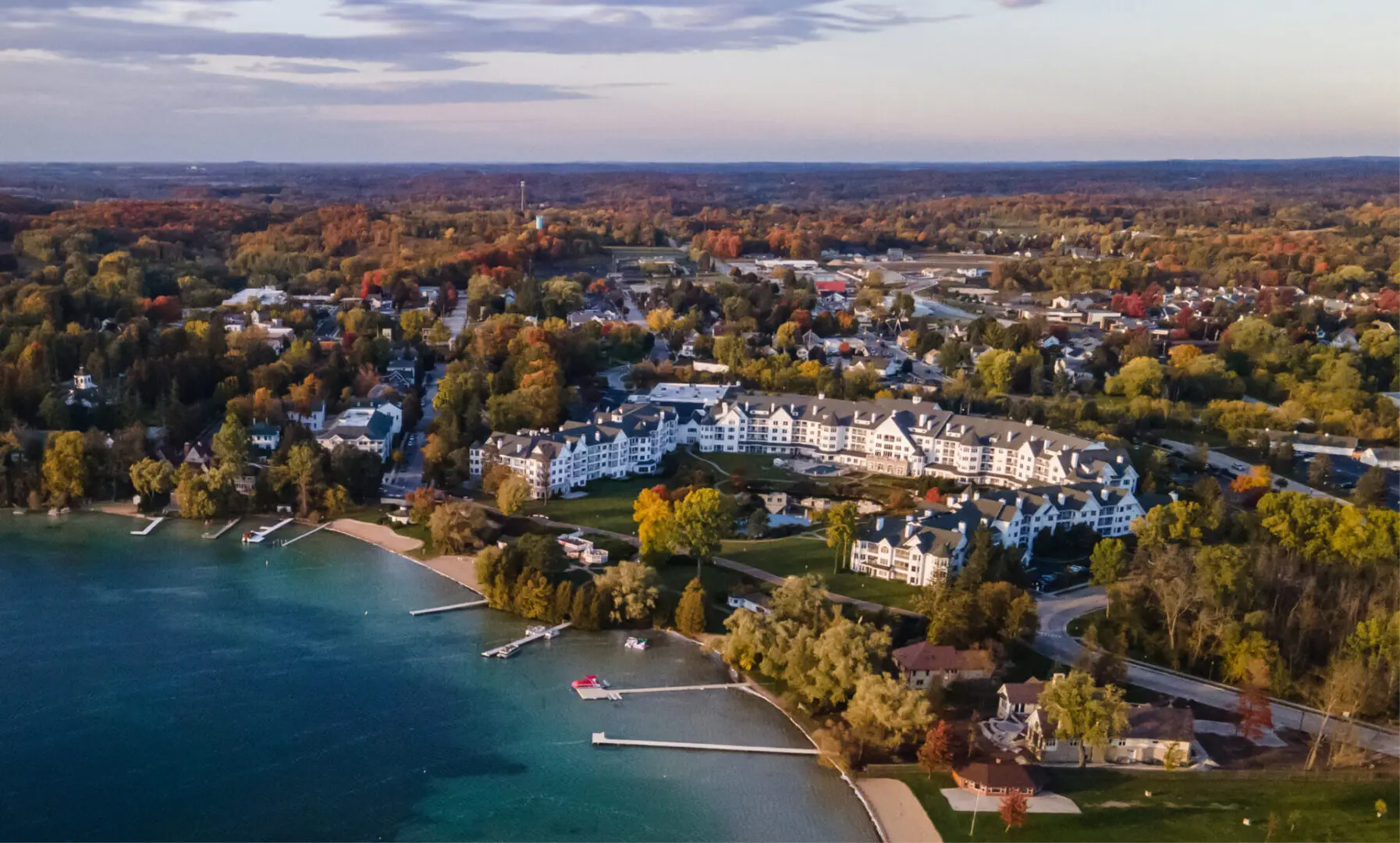 Autumn getaway vacation package at The Osthoff Resort with colorful fall foliage and lakeside views.