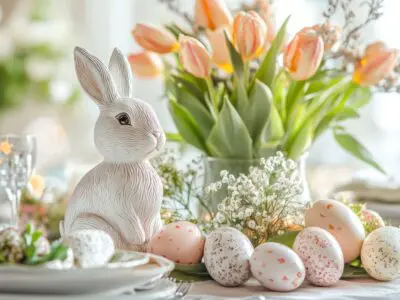 Easter bunny, tulips, eggs, table setting