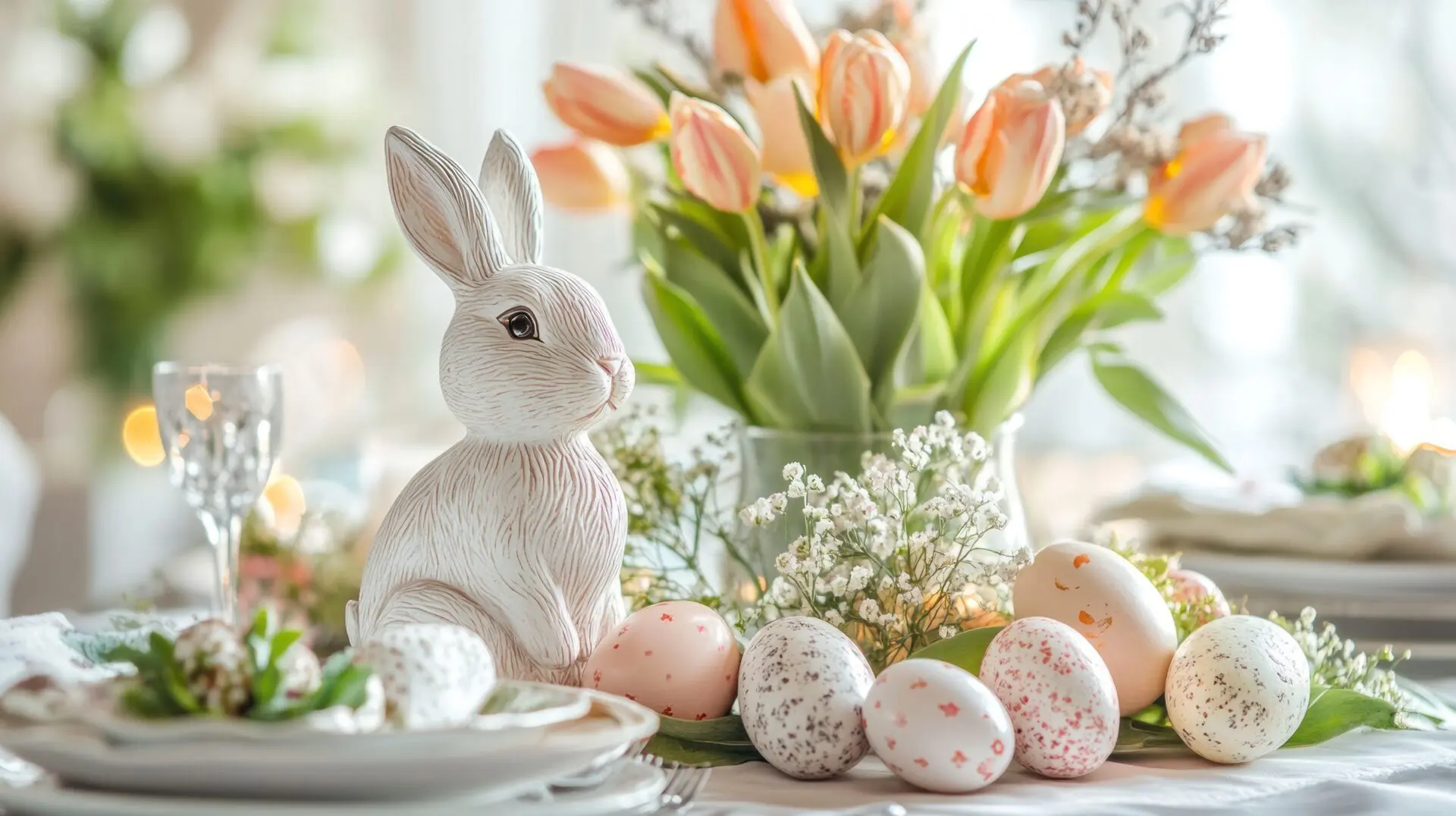 A festive Easter table setting with pastel-colored decorations, a bunny centerpiece, and fresh tulips. UHD --ar 16:9 --v 6.1 Job ID: 4eb1612b-61ac-4654-825b-ac78efa4153c