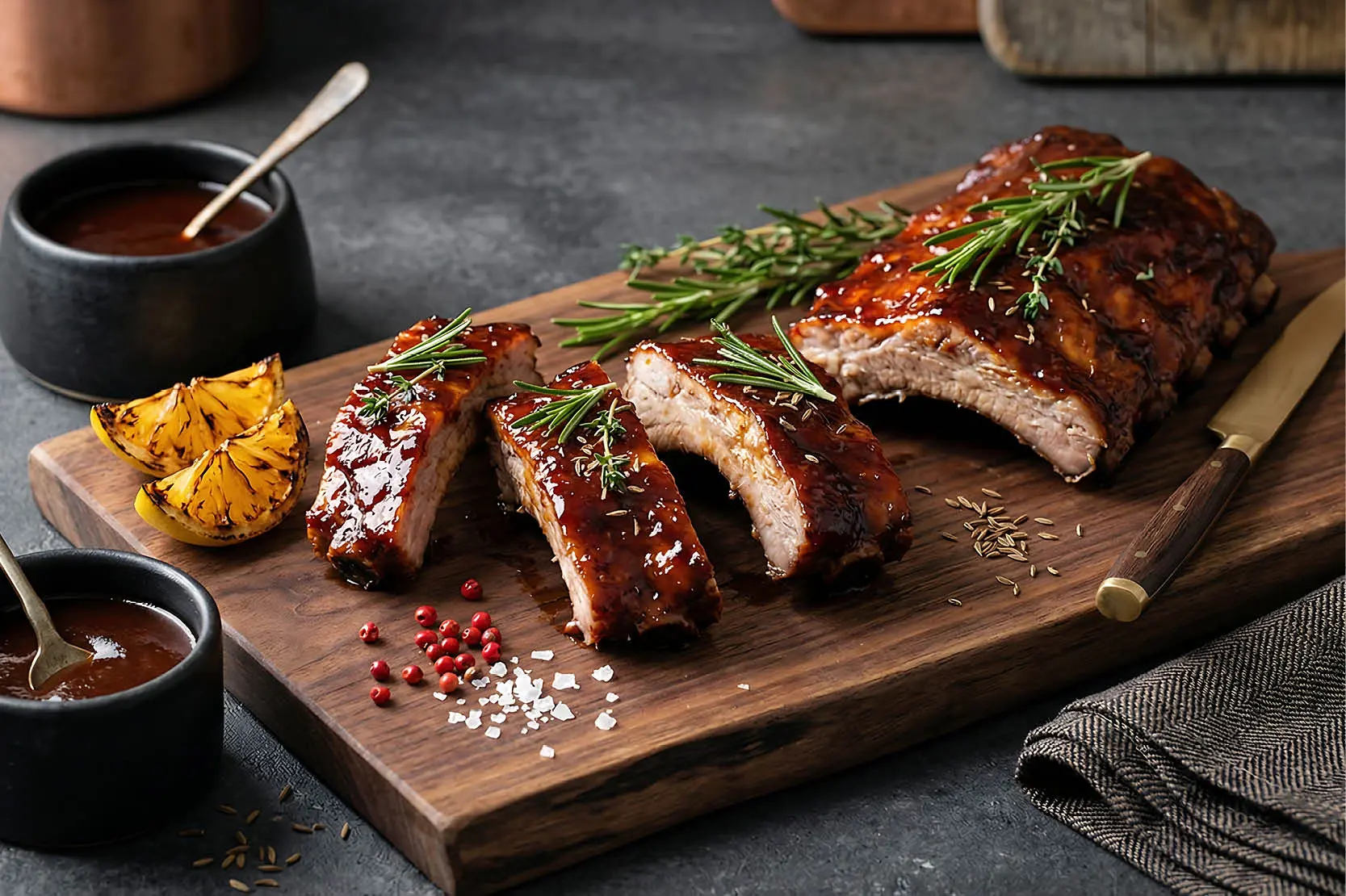 BBQ and smoking class at The Osthoff Resort with students preparing brisket, baby back ribs, vegetables, and sides while practicing dry rub and wet rub techniques.
