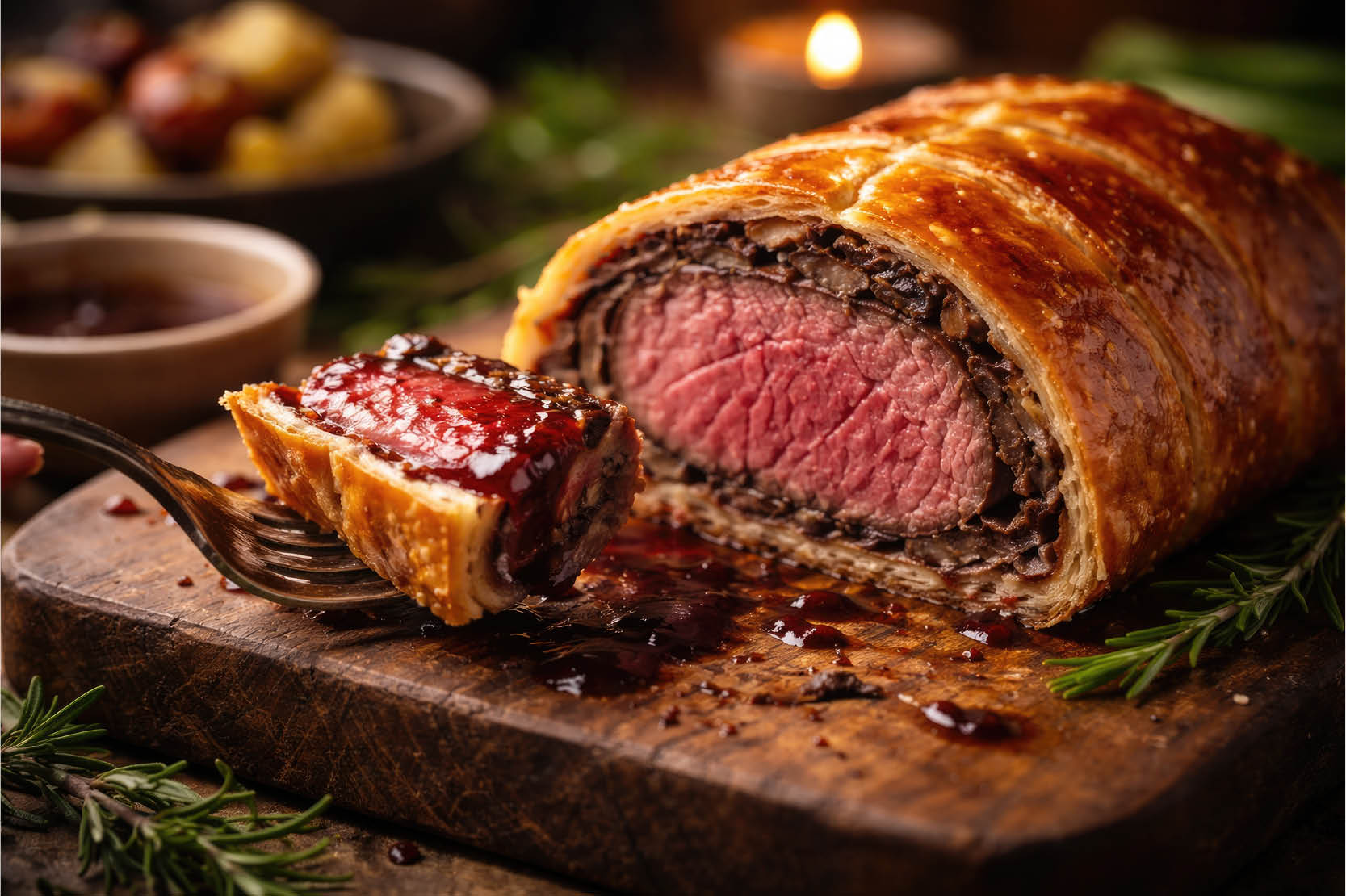 Beef Wellington cooking class at The Osthoff Resort featuring students preparing Beef Wellington, Bordelaise sauce, mashed potatoes, and mushroom duxelles with chef‑guided instruction.