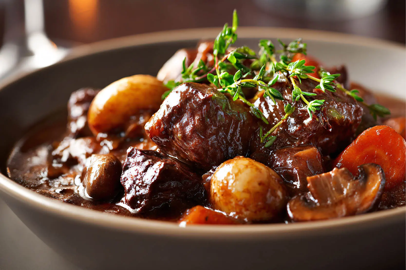 Boeuf Bourguignon cooking class at The Osthoff Resort featuring students preparing the classic French dish with smashed potatoes and seasonal vegetables.
