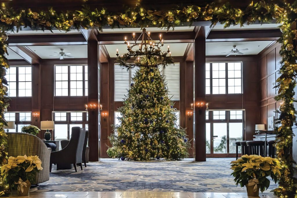 Christmas tree lighting ceremony in the Elk Room at The Osthoff Resort with festive décor and holiday ambiance