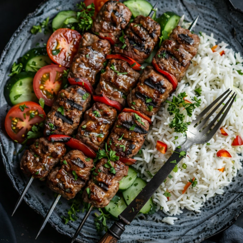Guests preparing Persian dishes including crispy tahdig, lamb kabobs, grilled vegetables, and raita during a hands‑on cooking class.