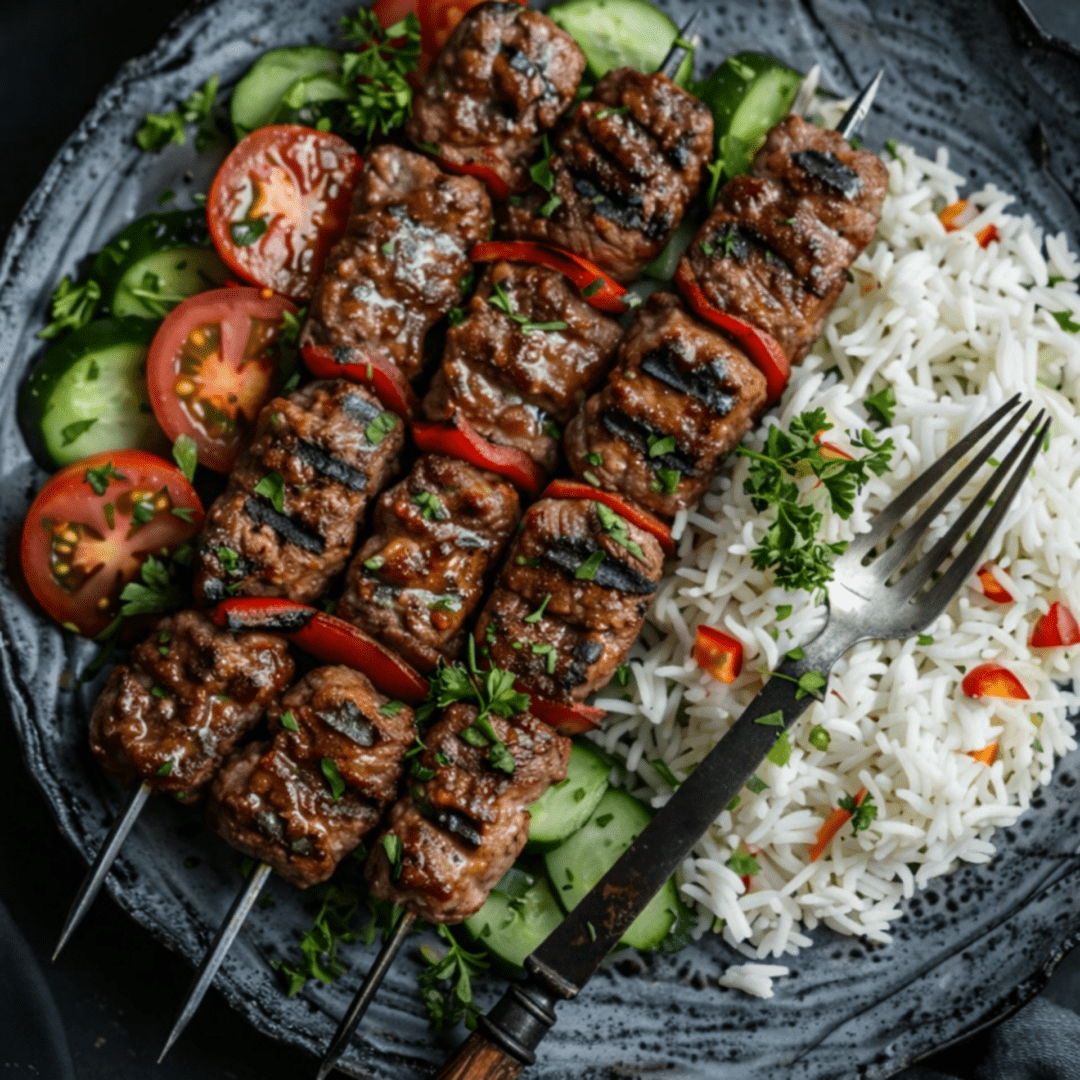 Guests preparing Persian dishes including crispy tahdig, lamb kabobs, grilled vegetables, and raita during a hands‑on cooking class.