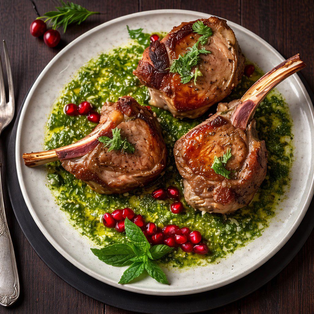 Elegant rack of lamb cooking class dish with pomegranate jus, couscous, and snap peas.