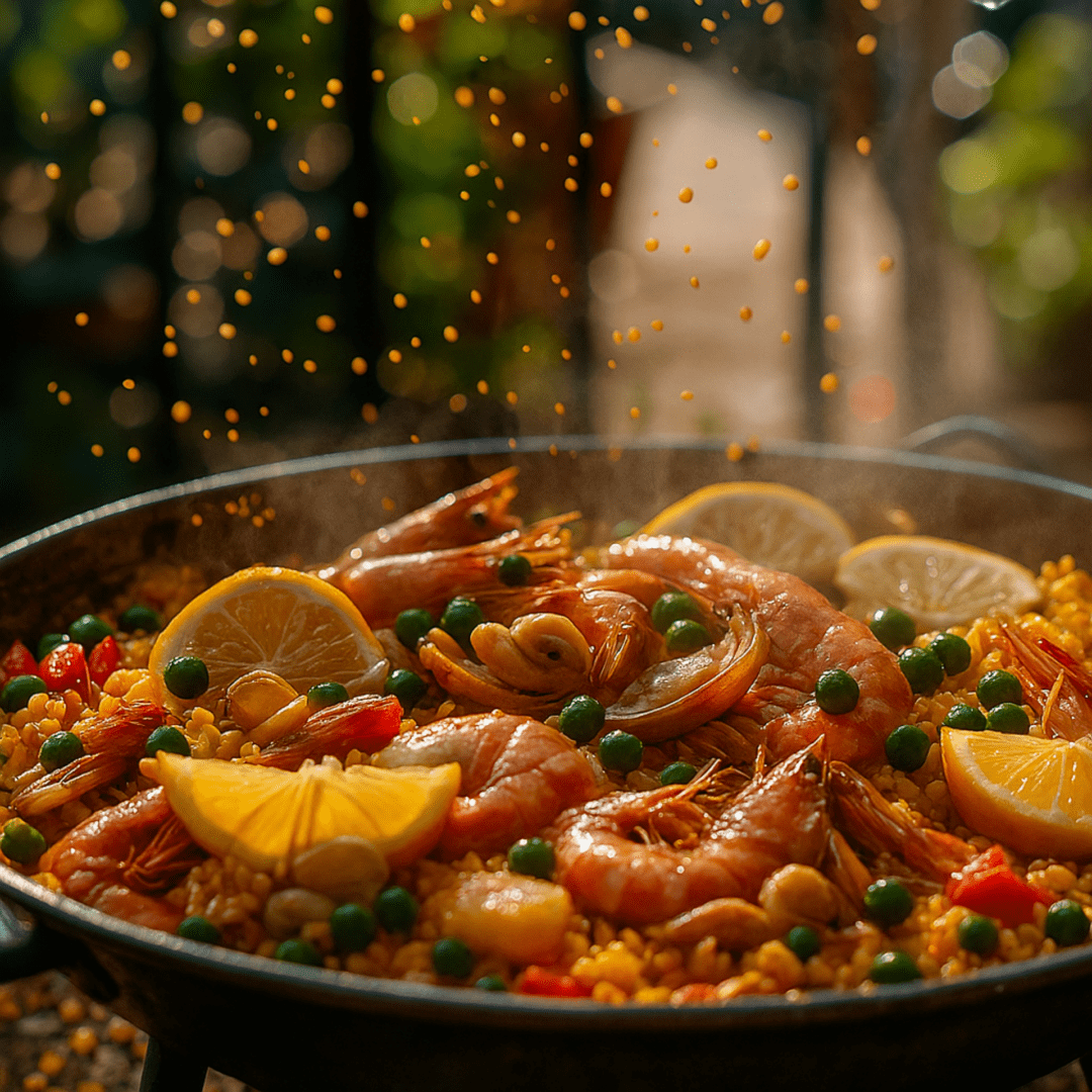 Guests preparing seafood paella, Spanish appetizers, and sangria during a hands‑on cooking class.