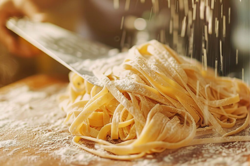 Handmade pasta cooking class at The Osthoff Resort featuring guests preparing fresh pasta dough, salmon‑asparagus linguine, and mushroom ravioli with sage brown butter.
