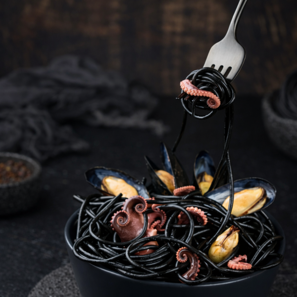 Guests making colorful handmade pastas—spinach, carrot, and squid ink—along with calamari, chicken, and pesto cream sauce during a hands‑on cooking class.