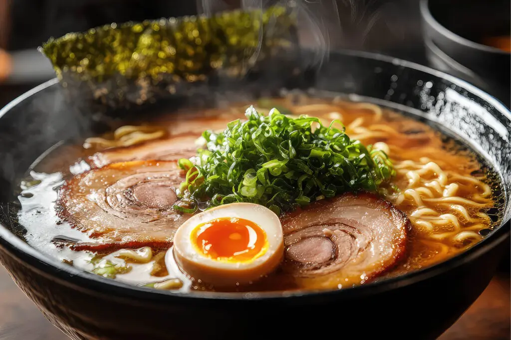 Chef‑led ramen cooking class at The Osthoff Resort featuring students preparing vegetable and pork belly ramen with broth, noodles, ramen eggs, and garnishes.