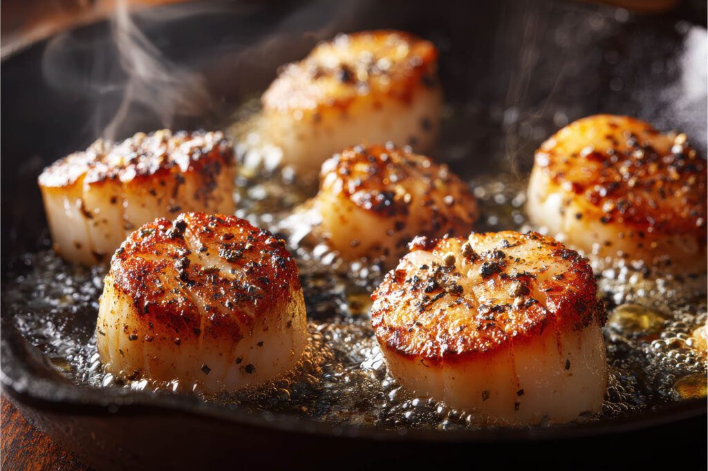 Chef‑guided scallops and risotto cooking class at The Osthoff Resort featuring students preparing seared scallops with brown butter sauce, pea purée, and mushroom‑butternut squash risotto.