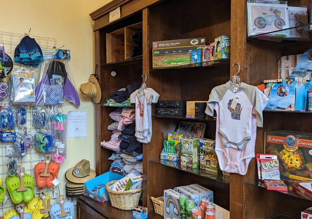 Osthoff Resort merchandise and souvenirs displayed in The Elk Trader gift shop.