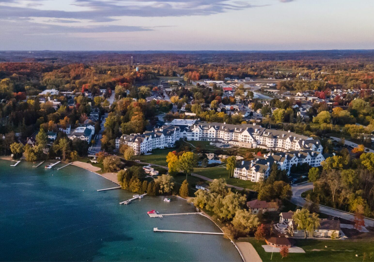 Autumn getaway vacation package at The Osthoff Resort with colorful fall foliage and lakeside views.