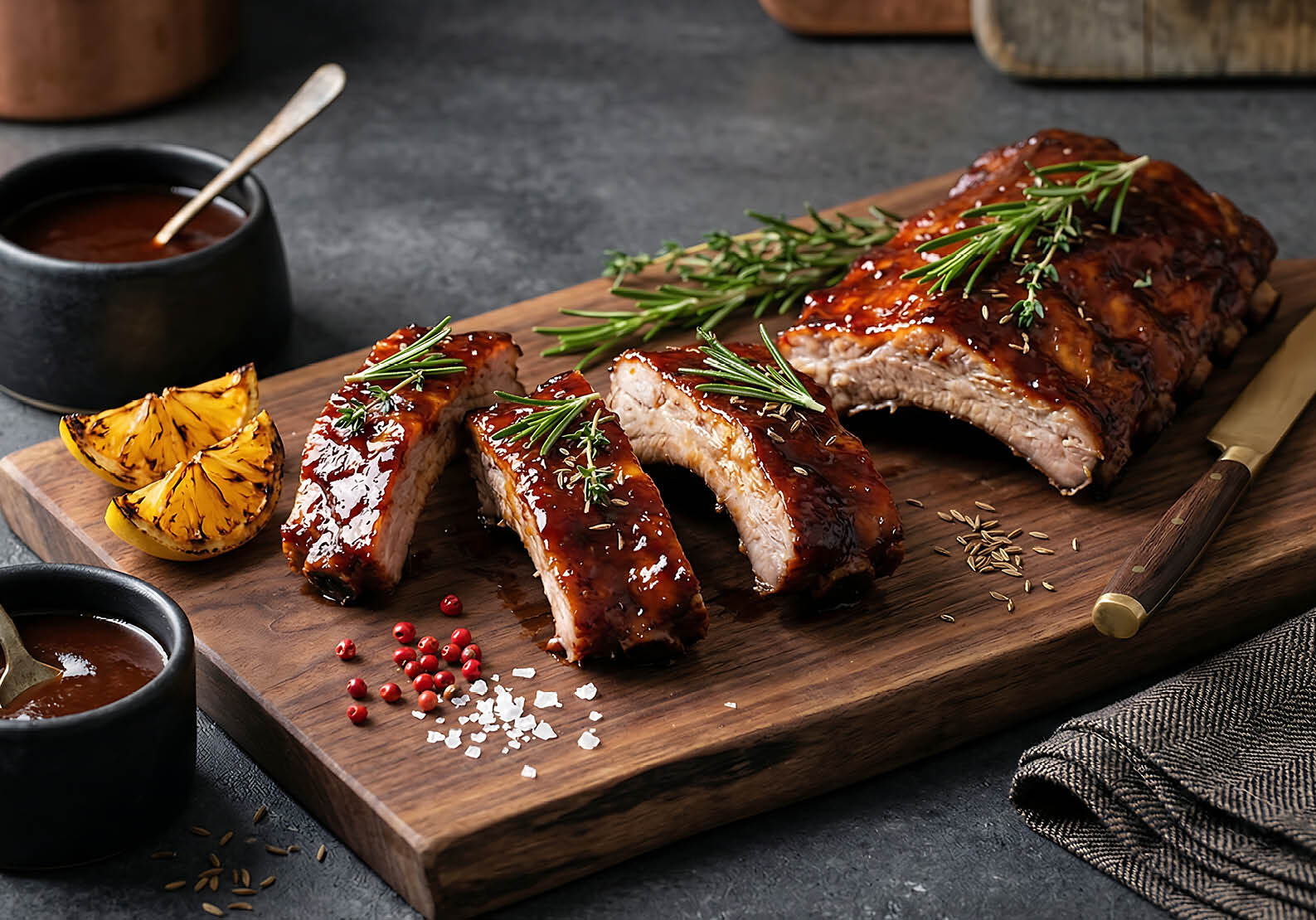 BBQ and smoking class at The Osthoff Resort with students preparing brisket, baby back ribs, vegetables, and sides while practicing dry rub and wet rub techniques.