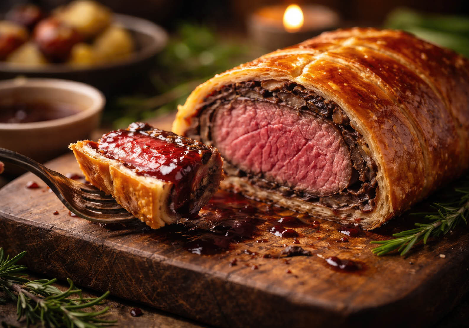 Beef Wellington cooking class at The Osthoff Resort featuring students preparing Beef Wellington, Bordelaise sauce, mashed potatoes, and mushroom duxelles with chef‑guided instruction.