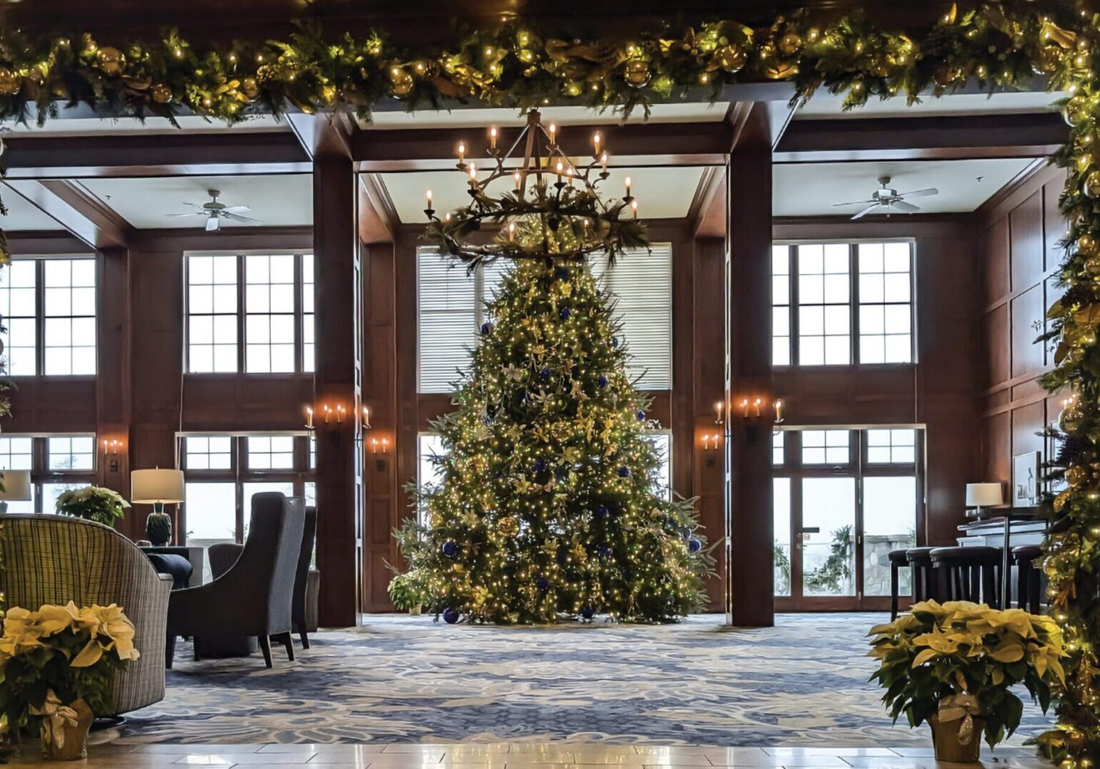 Christmas tree lighting ceremony in the Elk Room at The Osthoff Resort with festive décor and holiday ambiance