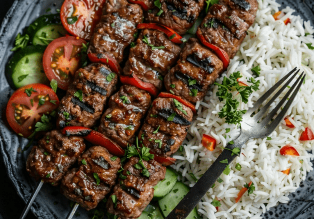 Guests preparing Persian dishes including crispy tahdig, lamb kabobs, grilled vegetables, and raita during a hands‑on cooking class.