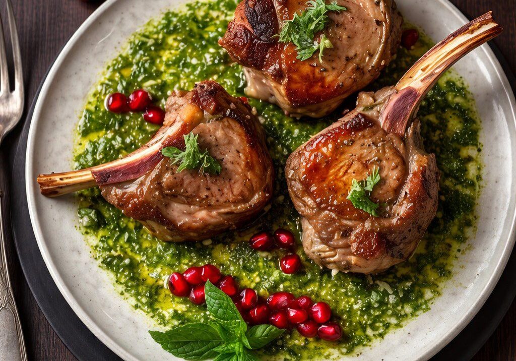 Elegant rack of lamb cooking class dish with pomegranate jus, couscous, and snap peas.