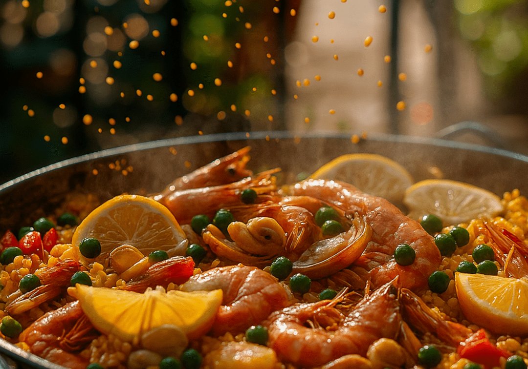 Guests preparing seafood paella, Spanish appetizers, and sangria during a hands‑on cooking class.
