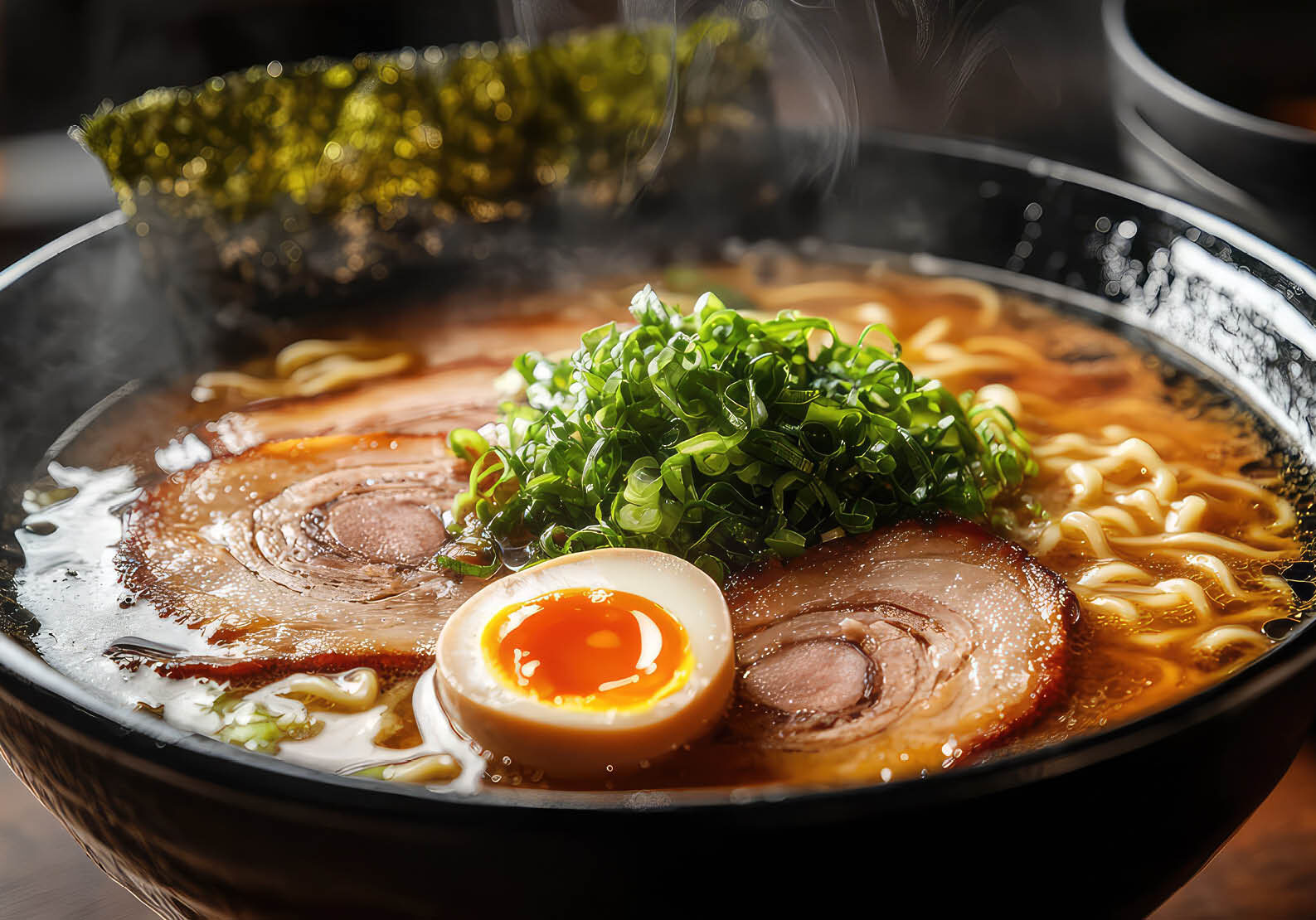 Chef‑led ramen cooking class at The Osthoff Resort featuring students preparing vegetable and pork belly ramen with broth, noodles, ramen eggs, and garnishes.