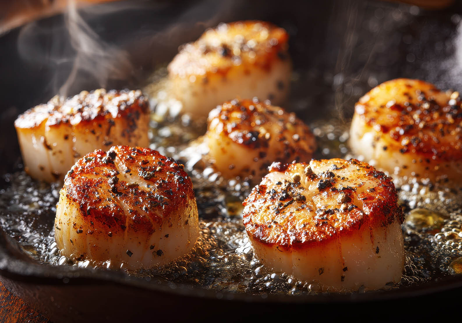 Chef‑guided scallops and risotto cooking class at The Osthoff Resort featuring students preparing seared scallops with brown butter sauce, pea purée, and mushroom‑butternut squash risotto.