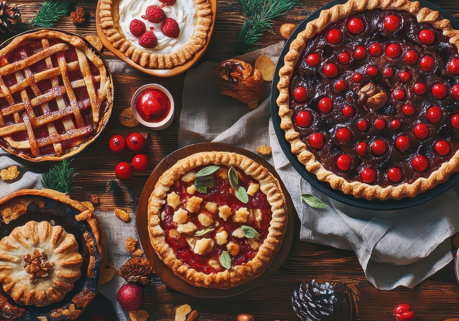 Holiday pies and tarts baking class at The Osthoff Resort featuring brown butter apple tart, pumpkin praline pie, cranberry pie, pecan pie, and classic pastry doughs.