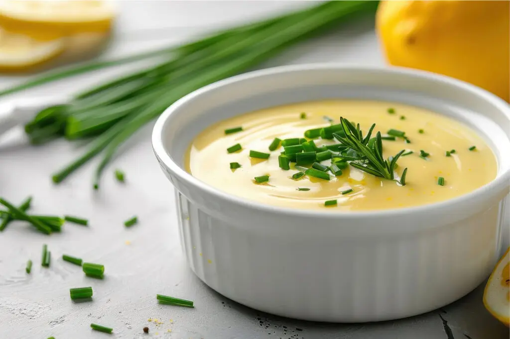 Hands‑on Hollandaise and Béarnaise cooking class at The Osthoff Resort featuring poached eggs, cutlets, asparagus, and baby red potatoes.
